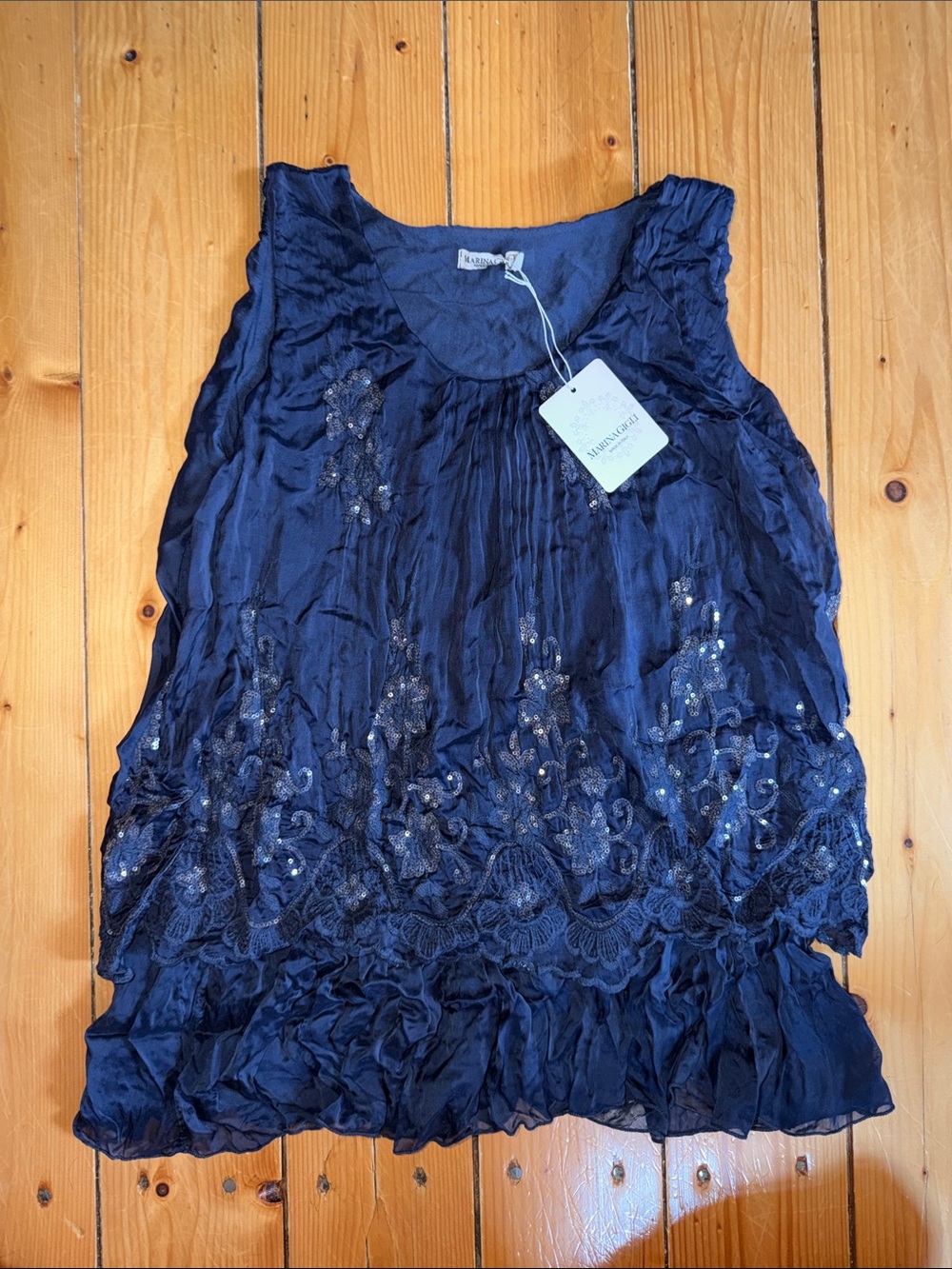 Marina Gigli Made in Italy Navy Beaded Lace-Trim Sleeveless Camisole NWT size L